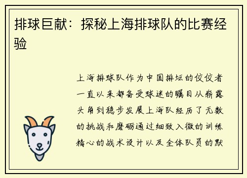 排球巨献：探秘上海排球队的比赛经验