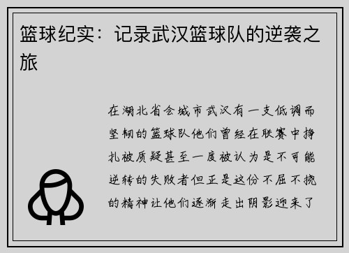 篮球纪实：记录武汉篮球队的逆袭之旅